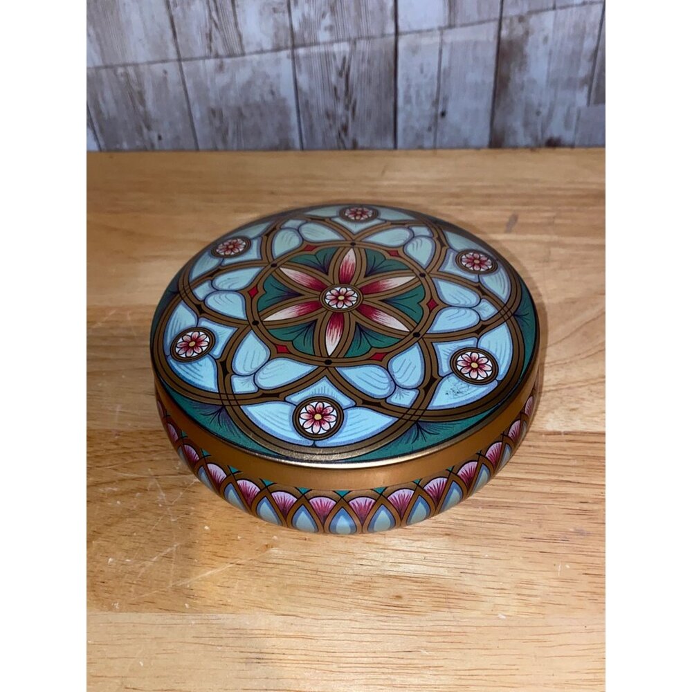 Decorative Meister Round Candy Tin Mandala Floral Pattern Gold Accents Brazil